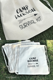 stack of backpack favors and close up of design