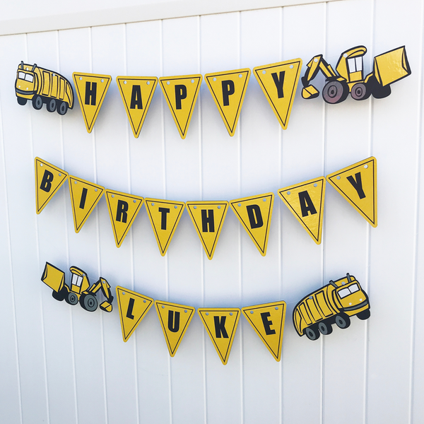 Construction Personalized Banner with Garbage Truck & Backhoe Loader