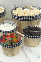popcorn bar topping baskets with clear plastic tongs